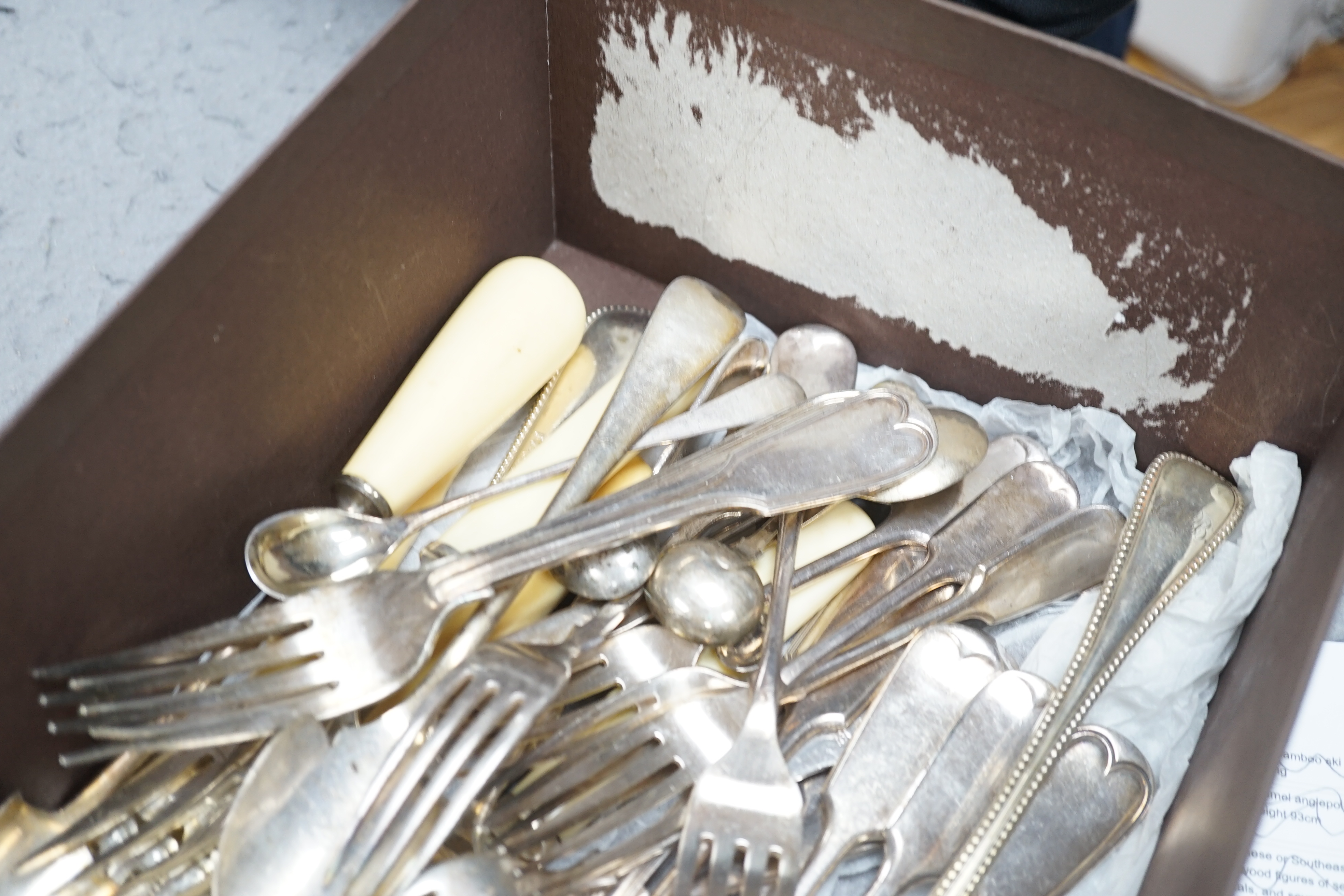 Mixed silver plate including cutlery, dishes, decanter labels and model pheasants
